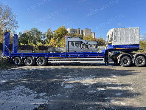 Среднерамный полуприцеп-тяжеловоз САВ 931803 (530010) г/п 39,5 тн, 3 оси; борта-уширители, тент, мехтрапы
